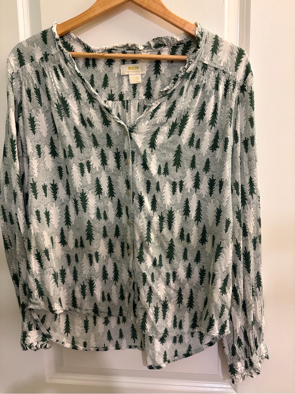 Anthropologie Green Tree-Print Button Front Blouse